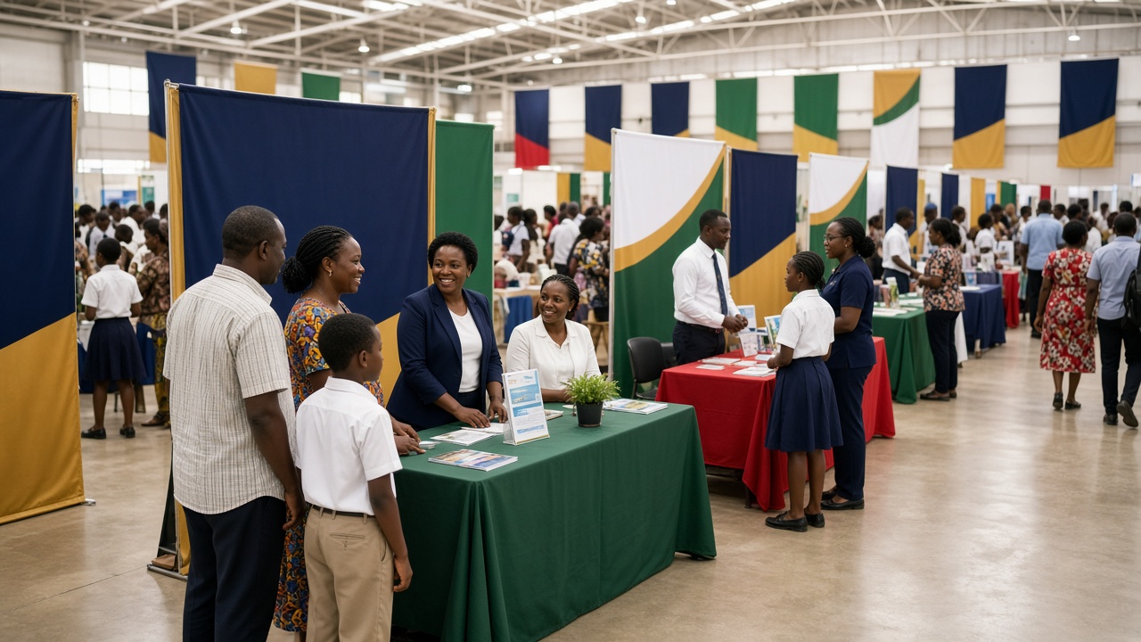 Families and school staff at an education expo